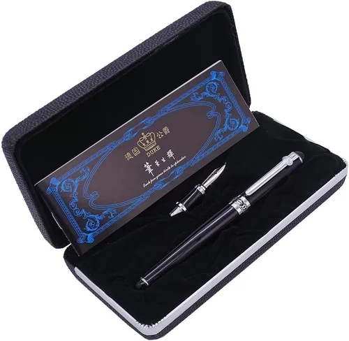 Vista 9 de erofa Duke - Pluma estilográfica negra de doble punta, iridio, media y fude caligrafía, juego de caja de regalo intercambiable para oficina