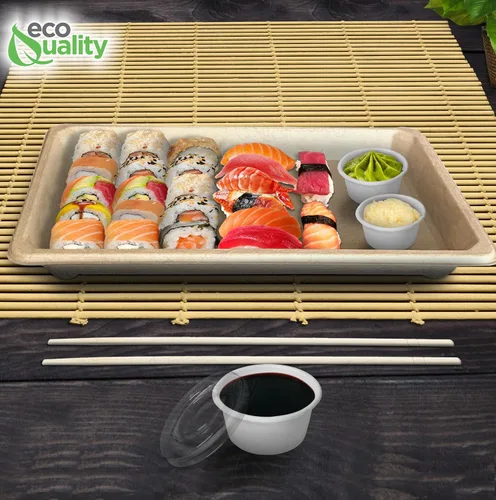 Vista 8 de Bandejas de sushi compostables XL - Contenedor de sushi para llevar bagazo de caña de azúcar natural - Biodegradable, plato de sushi desechable