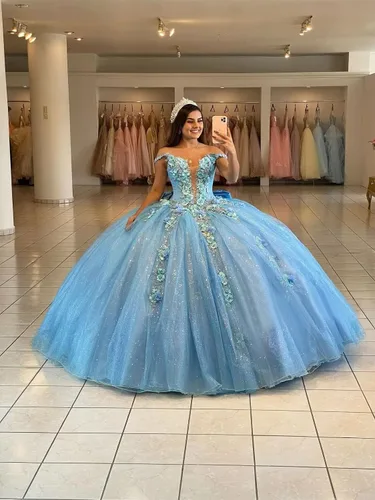 Vista 4 de Mauuwy Vestidos de quinceañera de tul de lujo, vestido de baile hinchado brillante dulce 16 vestidos florales fuera del hombro vestido de graduación