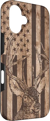 Vista 3 de Funda de madera para iPhone 16 con diseño de ciervo de cola blanca para caza cazador de bandera estadounidense