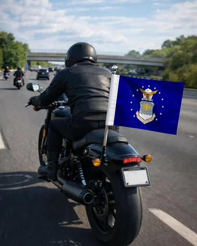 Vista 2 de AGAS - Bandera de motocicleta de la Fuerza Aérea – 6 x 9 pulgadas – Poliéster de punto impreso de doble cara – Bordes de doble costura – Bandera
