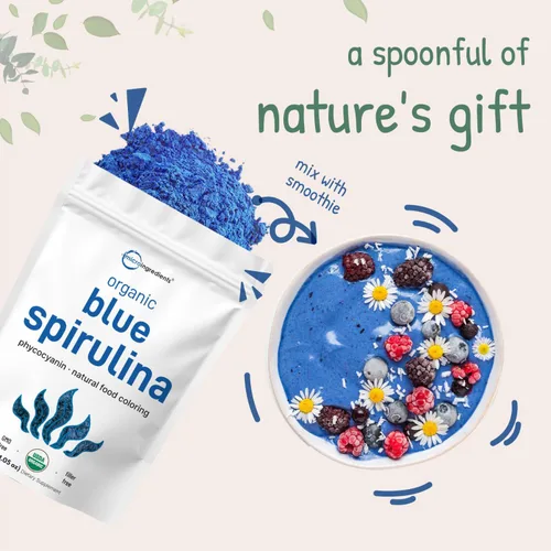 Vista 5 de Polvo de espirulina azul orgánica (extracto de ficocianina), 30 porciones, sin olor a pescado, proteína 100% vegana de algas azul-verdes, colorante