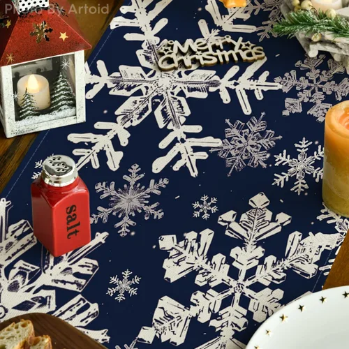 Vista 3 de Artoid Mode Camino de mesa de Navidad con copos de nieve azul marino, decoración de mesa de comedor para vacaciones de invierno, para decoración