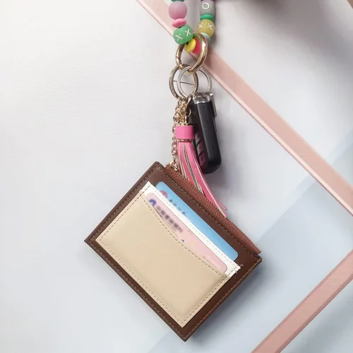 Vista 5 de MaziZhang Tarjetero de crédito para mujer, cartera delgada con llavero, monedero pequeño minimalista para el día de la madre, Marrón, Minimalista