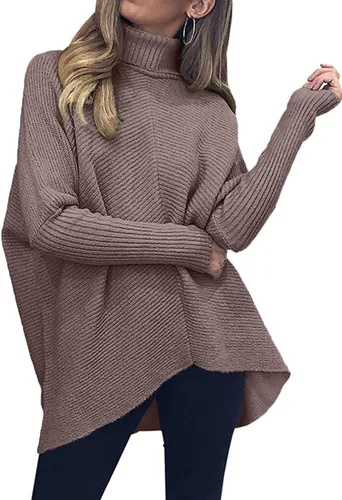 Vista 2 de Caracilia - Suéter de manga larga con cuello de tortuga para mujer, con dobladillo irregular, estilo informal, suéter de punto