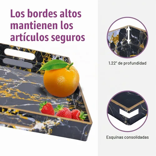 Vista 4 de Gifturbo - Bandeja de servir negra, bandejas de servir decorativas de mármol con asas, bandejas rectangulares de plástico para mesa de café otomanas