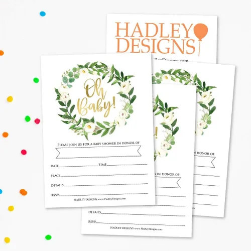 Vista 3 de Hadley Designs 25 invitaciones de oro verde, invitación de espolvorear para bebé, tema de revelación de género de Coed Garden, relleno botánico