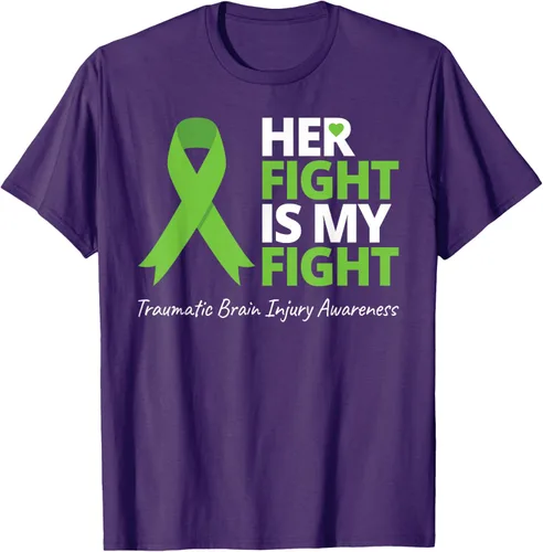 Vista 20 de Camiseta con cinta verde de la conciencia de la TBI, con texto en inglés "Her Fight Is My Fight" Jaspeado Oscuro