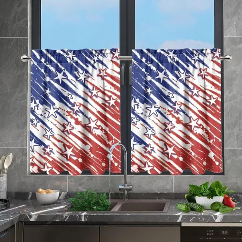 Vista 2 de God Bssing You Tier Curtains for July 4Th 2026 27.5x24 2 Panels Light Filtering Half Window Rod Pocket for Kitchen/Bathroom