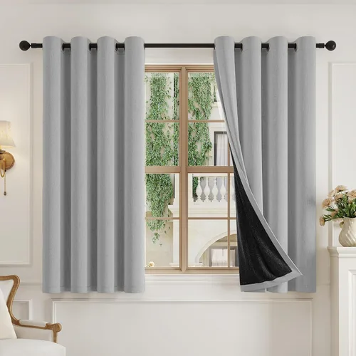 Vista 4 de Anmao - Cortinas cortas oscuras y aisladas térmicamente para ventanas de oficina, juego de 2 paneles de 45 pulgadas de largo, con ojales, patrón 3D