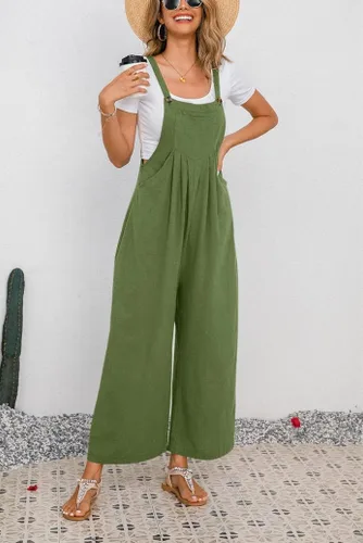 Vista 3 de chouyatou Overol de lino con pechera de pierna ancha para mujer, pantalones palazzo, informal, de lino