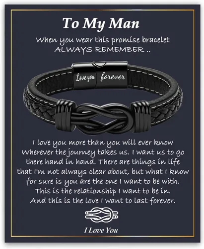 Vista 12 de Gifts for Men Infinity Leather Bracelet for Dad New Daddy Husband Boyfriend Son Grandson Brother Nephew Uncle Black Braided Engraved Leather Jewelry