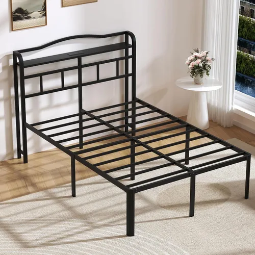 Vista 5 de Base de cama de metal de 18 pulgadas, base de colchón básica de plataforma resistente de color negro con cabecera y estación de carga, no necesita