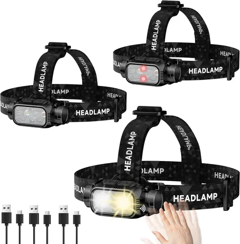 Vista 10 de ATDOALL Linterna frontal LED recargable, lámpara de cabeza súper brillante de alto lumen con luz roja, sensor de movimiento, 5 modos, ajustable a