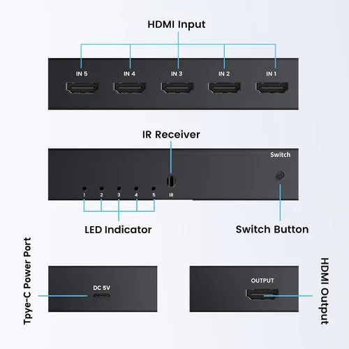 Vista 7 de [Actualización] NEWCARE 4K @60Hz HDMI Switch 5 en 1 salida con cable de carga tipo C, conmutador HDMI con control remoto IR, caja selectora HDMI