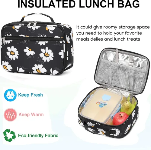 Vista 6 de Mochila para niñas con lonchera para niños, mochila para la escuela, ligera, resistente al agua, negro (Daisy Black), Mochila con fiambrera