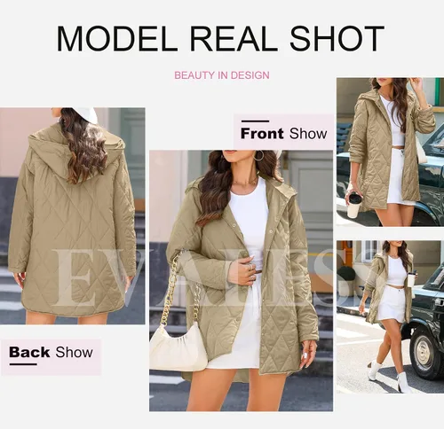 Vista 5 de EVALESS Chaquetas largas para mujer, abrigo de invierno de moda 2025 para mujer, chaquetas ligeras con capucha acolchadas de diamante, casuales