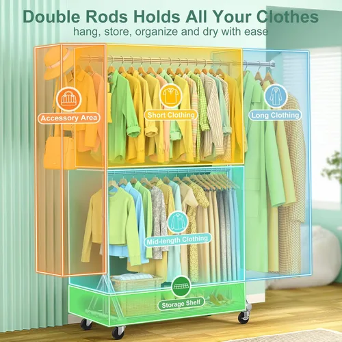 Vista 6 de Perchero de doble barra resistente con carga de 860 libras, percheros de ropa portátiles ajustables para colgar ropa, perchero rodante con ruedas