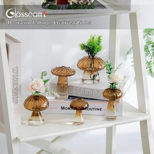 Vista 4 de Glasseam Jarrón de Seta de Cristal Ámbar: Lindo Juego de Jarrones Pequeños para Flores de 5 Jarrones Únicos Mini para Capullos para Centros de Mesa