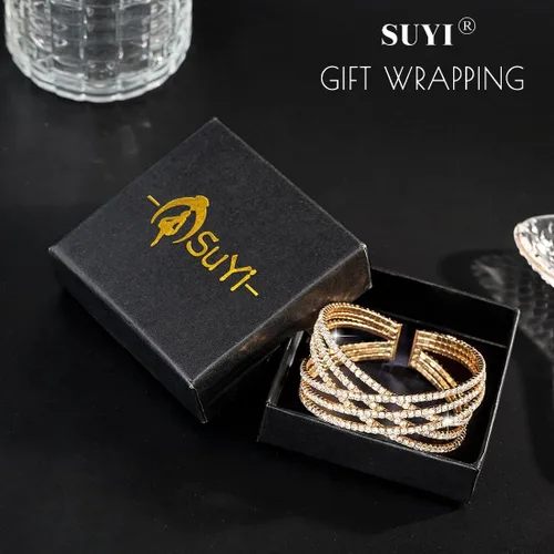 Vista 7 de Suyi Pulsera de Diamantes de Imitación Brazalete Dorado Multicapa para Mujer Pulseras de Cristal Nupciales