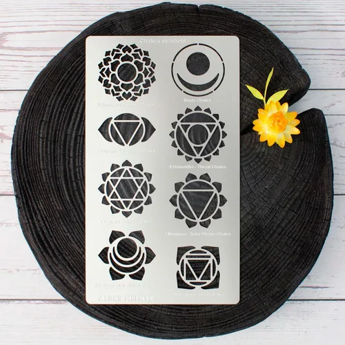 Vista 5 de Aleks Melnyk No.415 Plantilla de metal, chakras, mandala, yoga, símbolos para meditación, Om, geometría sagrada, plantilla para leña, grabado