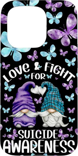 Vista 14 de iPhone 16 Purple Gnome With Cute Butterfly Pattern Suicide Awareness Case