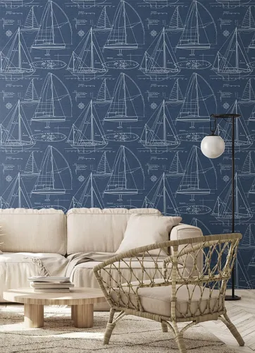 Vista 4 de NextWall Yacht Club Coastal - Papel tapiz autoadhesivo (azul marino)