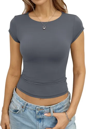 Vista 8 de EasyGala Camisetas de manga casquillo recortadas con doble forro para mujer, cuello redondo, camisetas ajustadas para salir, ropa de verano Y2K 2026