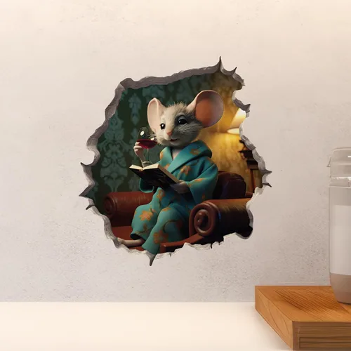 Vista 4 de Calcomanía de pared 3D con agujero de ratón con diseño de vino y libro mí