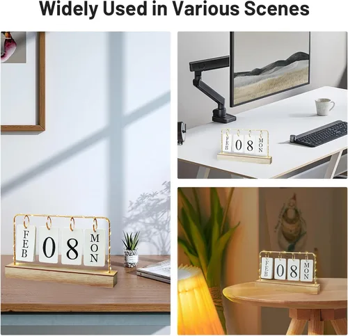 Vista 6 de Calendario perpetuo de madera abatible con soporte de metal dorado con papel calendario diario mensual con luz para la oficina diaria, decoración