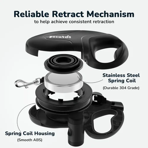 Vista 3 de Pecute Correa retráctil para perro de 32 pies con tiras reflectantes, sin enredos de 360°, control de un botón y material de nailon resistente