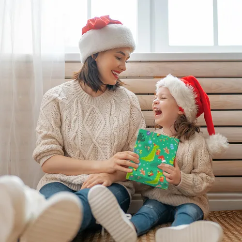 Vista 5 de NEPOG Papel de regalo de Navidad con sombreros de Papá Noel, 6 hojas plegadas planas de 20 x 28 pulgadas por hoja, papel de regalo de dinosaurio