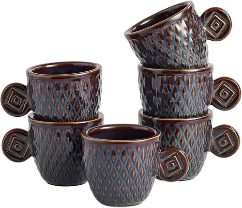 Vista 7 de Juego de 6 tazas de café espresso vintage, tazas Demitasse de 3 onzas, tazas de café espresso pequeñas de cerámica en relieve únicas en relieve Crema