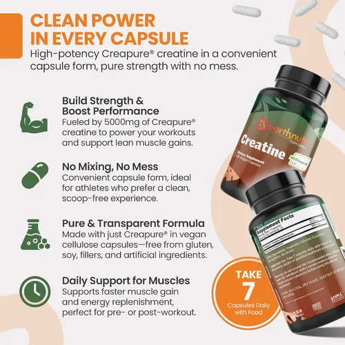 Vista 3 de EarthNutri Cápsulas de monohidrato de creatina, micronizadas para una mejor absorción, apoya la fuerza muscular, la fuerza y la recuperación, 105