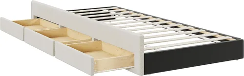 Vista 6 de Cama de plataforma tapizada de tamaño matrimonial con nido de tamaño individual y 3 cajones, plataforma tapizada de tela de lino con cabecero a