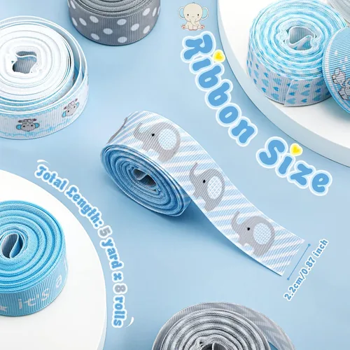 Vista 3 de 8 rollos de cinta de grogrén de elefante para bebé, 7/8 pulgadas, Baby Shower It's a Boy/Girl Foot Print Ribbon para envolver regalos, ducha, Azul