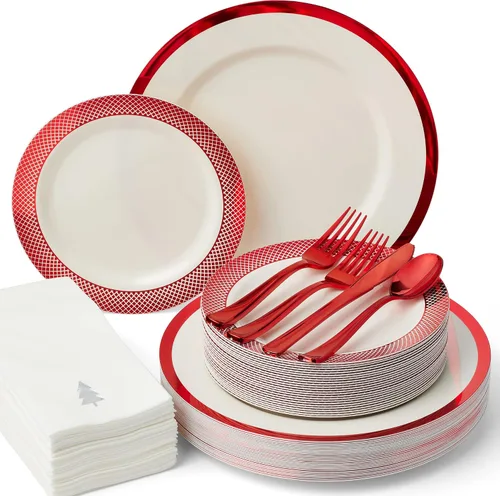 Vista 11 de By Madee HEAVYweight - Juego de vajilla desechable de 175 piezas con borde verde para 25 invitados