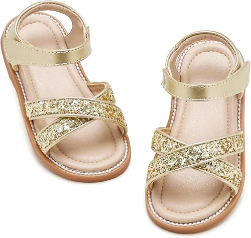 Vista 66 de Sandalias de verano para niñas con puntera abierta, sandalias planas de princesa con suela cómoda D742 Oro