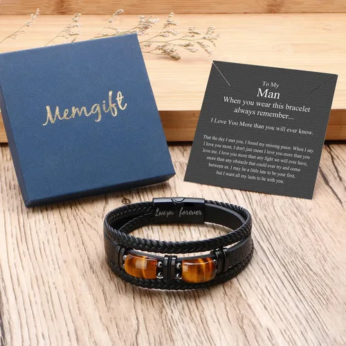 Vista 7 de Mens Leather Bracelets for Him Son Birthday Gift for Boyfriend Husband Brother Father's Day Gifts for Dad To My Men Bracelet with 2 Tiger Eyes for