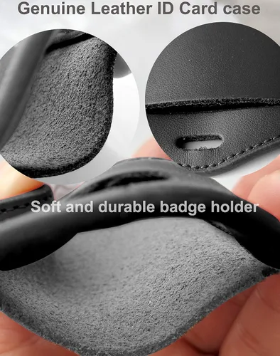 Vista 5 de Funda para tarjeta de identificación + cordón resistente (negro) + mosquetón retráctil de carrete y clip de plástico (cuero genuino)