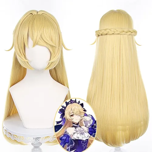 Vista 3 de Peluca de anime para cosplay Genshin Impact Sumi Fischl peluca de cabello dorado amarillo peluca de seda de alta temperatura para niñas y niños