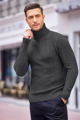 Vista 2 de COOFANDY Suéter de cuello alto ajustado para hombre, suéter de punto trenzado casual