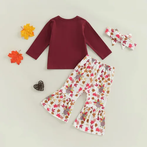 Vista 3 de Sudadera con cuello redondo y estampado de pastel de calabaza para niña pequeña, camiseta y pantalones acampanados para otoño, 2