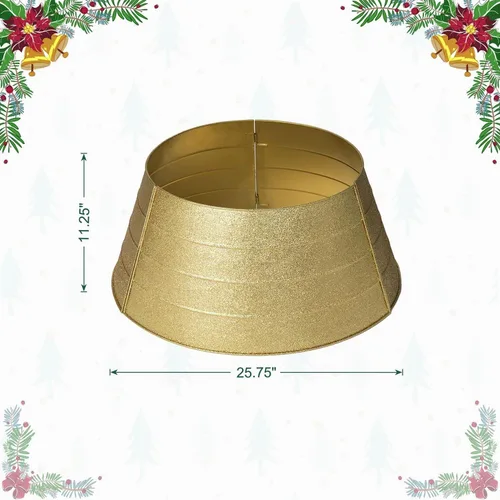 Vista 4 de Glitzhome Collar de árbol de Navidad, 25.75 pulgadas de profundidad, cubierta de base de árbol de metal dorado con purpurina, anillo de árbol