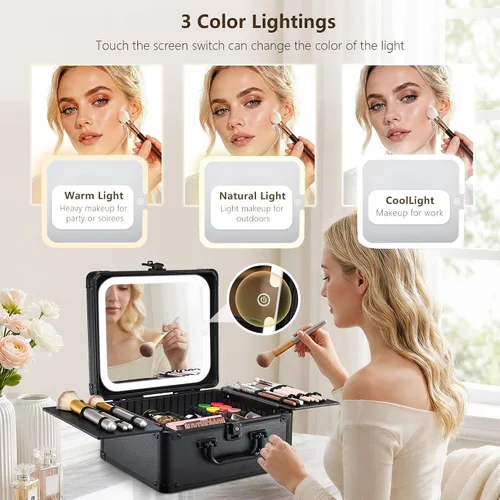 Vista 4 de Faquenc Estuche de maquillaje con espejo iluminado magnético, caja organizadora de maquillaje, estuche de cosméticos de viaje con espejo LED de 3