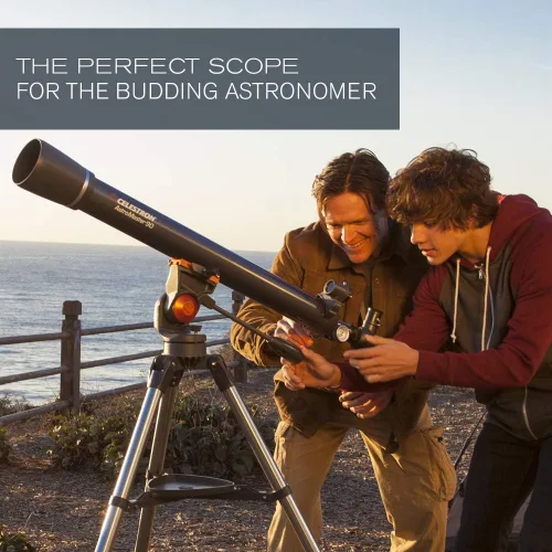 Vista 6 de Celestron - Telescopio refractor AstroMaster 90AZ, para principiantes - Óptica de vidrio totalmente recubierta - Trípode de altura ajustable