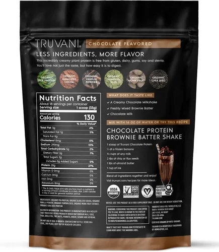Vista 9 de Truvani Proteína de guisante vegana en polvo Chocolate 20g de proteína vegetal orgánica 18 porciones Keto Sin gluten ni lácteos Bajo