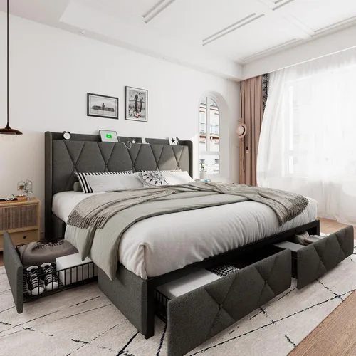 Vista 18 de iPormis - Marco de cama de tamaño matrimonial con 4 cajones de almacenamiento, base de cama tapizada con estación de carga, cabecera de Beige