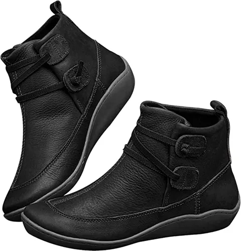 Vista 23 de Ladmiple Botas de tobillo para mujer, sin tacón, casual, con cremallera lateral, botas cortas vaqueras occidentales, zapatos para caminar