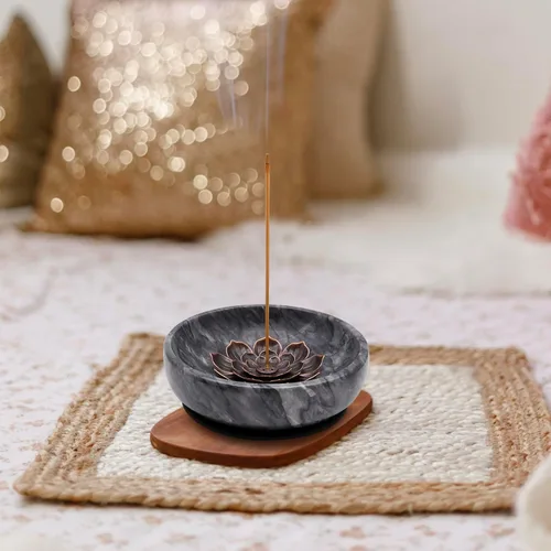 Vista 2 de Quemador de incienso de mármol natural, soporte de incienso para palo y reflujo, hecho a mano, ideal para fumar incienso, quemar incienso y Negro